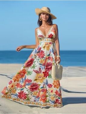 NWT Cupshe Tropical Red Floral Sleeveless V Beach Maxi Dress Swim Cover-Up White